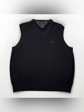Tommy Hilfiger Sweater Vest Mens Large Black 100% Cotton V-Neck Classic Logo
